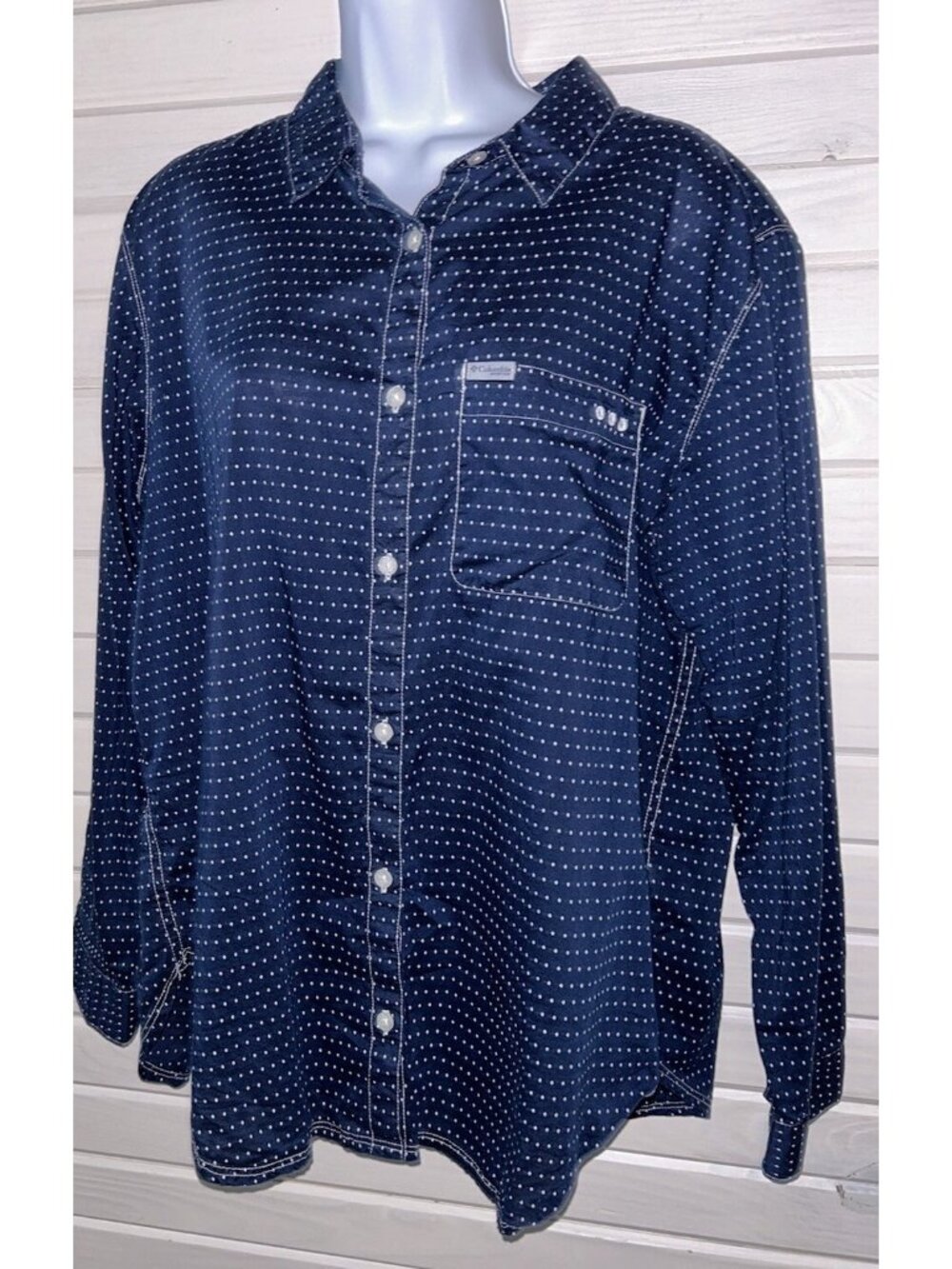 Columbia PFG Sz XL Women's Shirt Blue White Micro Dot L/S Cotton Blend EUC